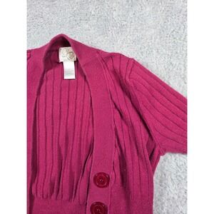 B. Moss Juniors Magenta Pink Ribbed Short Sleeve Button Down Cardigan Sweater L